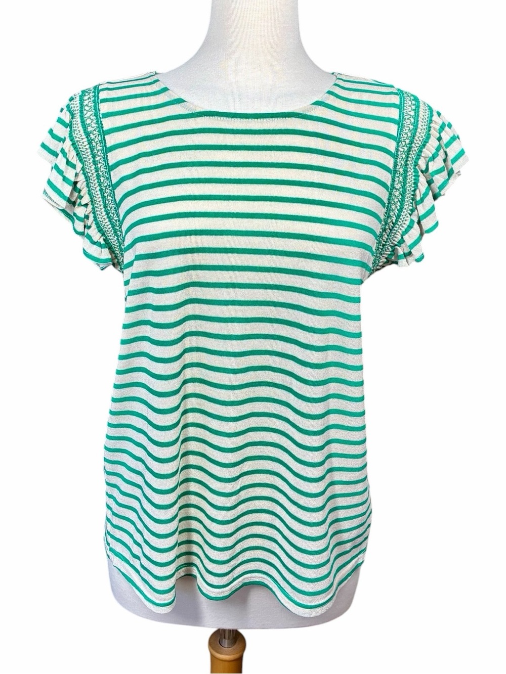 NEW Staccato Green and Cream Striped Short Sleeve Ruffle Shirt Women's Medium